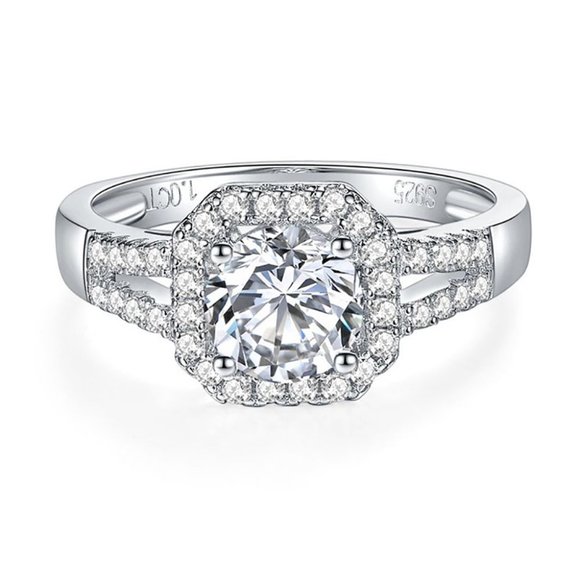 Certified 1ct. t.w. Moissanite Diamond Square Halo Wedding Engagement Ring NEW - Picture 8 of 13